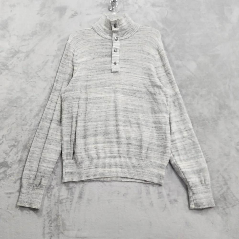 Banana Republic Sweater Mens L Gray Heather Striped Mock Neck Henley Knit Casual